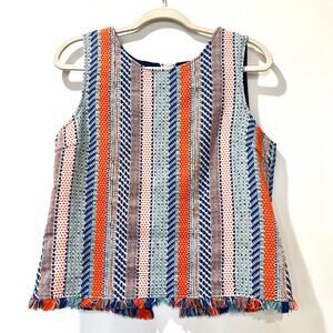 DREW tweed sleeveless blouse button back vest medium orange blue lined fringe